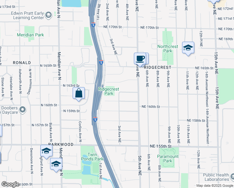map of restaurants, bars, coffee shops, grocery stores, and more near 304 Northeast 162nd Street in Shoreline