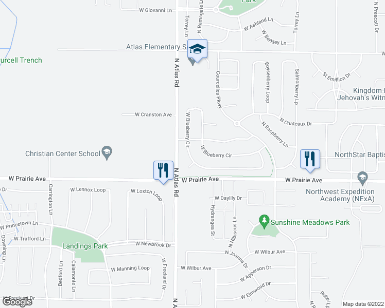 map of restaurants, bars, coffee shops, grocery stores, and more near 2723 West Blueberry Circle in Hayden