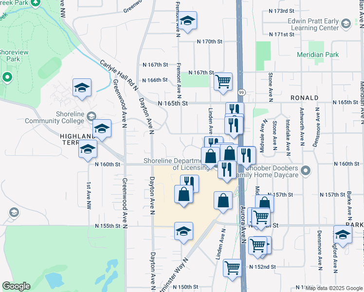map of restaurants, bars, coffee shops, grocery stores, and more near 736 North 161st Place in Seattle