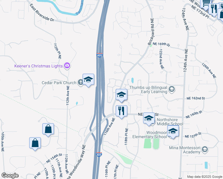 map of restaurants, bars, coffee shops, grocery stores, and more near 16125 Juanita Woodinville Way Northeast in Bothell