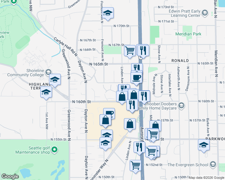 map of restaurants, bars, coffee shops, grocery stores, and more near 720 North 161st Place in Seattle