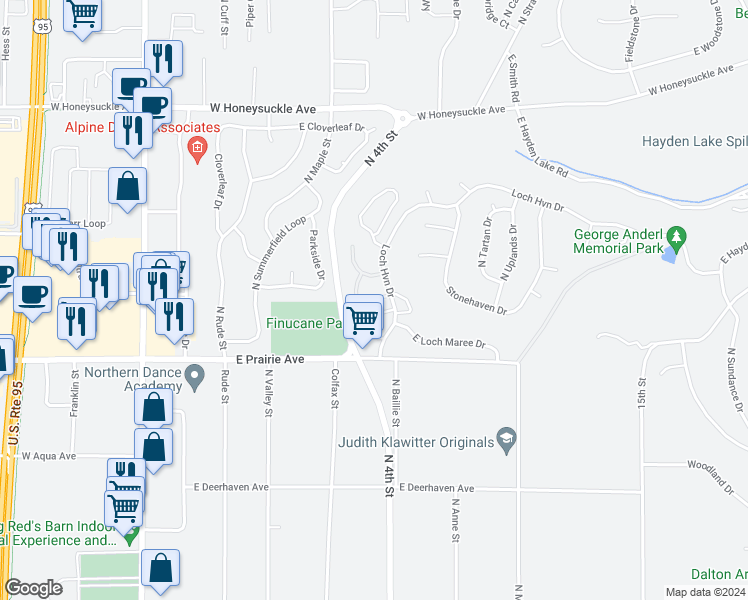 map of restaurants, bars, coffee shops, grocery stores, and more near 8204 North Ridgewood Drive in Hayden