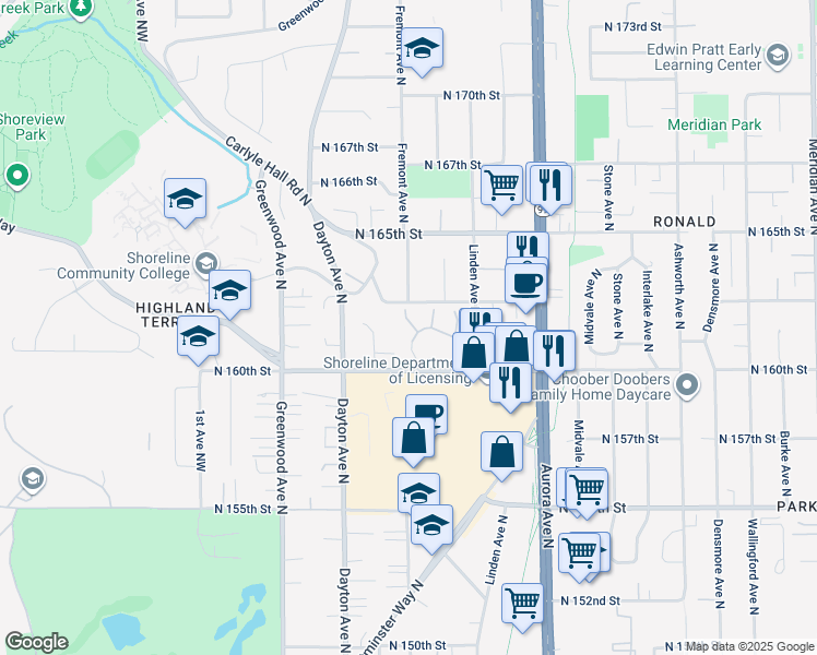 map of restaurants, bars, coffee shops, grocery stores, and more near 736 North 161st Place in Seattle