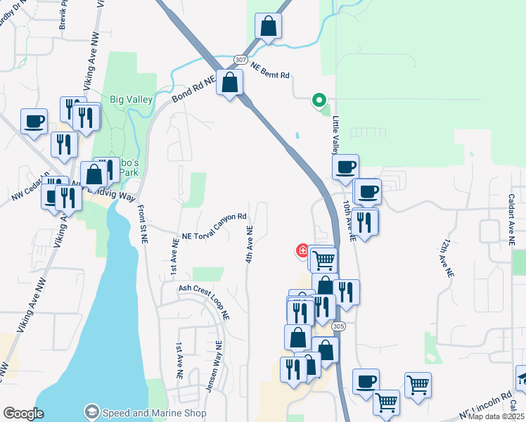 map of restaurants, bars, coffee shops, grocery stores, and more near 20241 Vikings Crest Northeast in Poulsbo