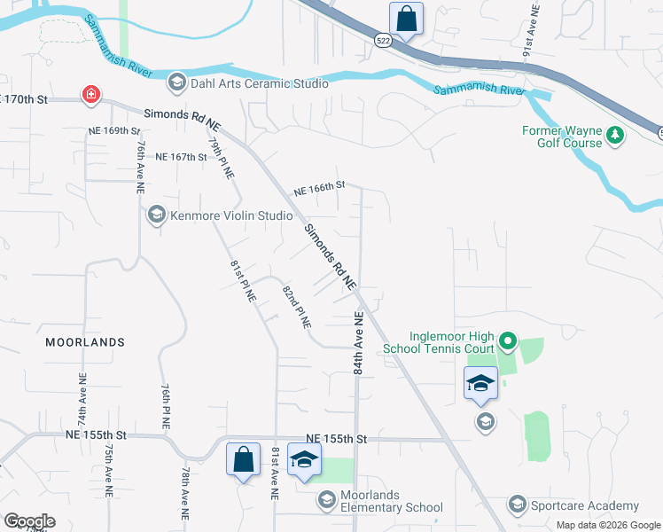 map of restaurants, bars, coffee shops, grocery stores, and more near 16311 Simonds Road Northeast in Kenmore