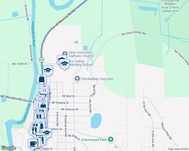 map of restaurants, bars, coffee shops, grocery stores, and more near 16318 270th Place Northeast in Duvall