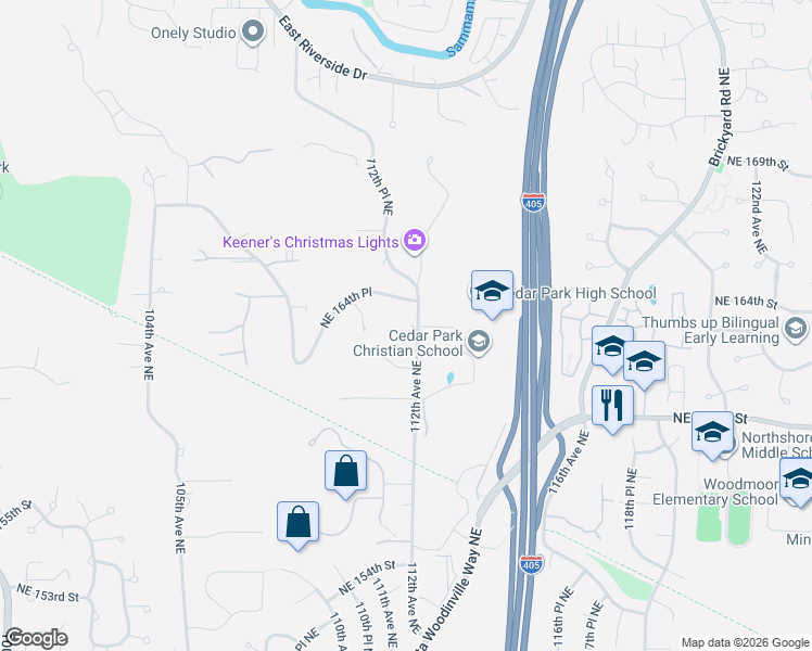 map of restaurants, bars, coffee shops, grocery stores, and more near 16305 112th Avenue Northeast in Bothell