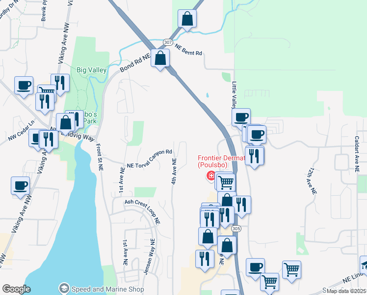 map of restaurants, bars, coffee shops, grocery stores, and more near 20241 Vikings Crest Northeast in Poulsbo
