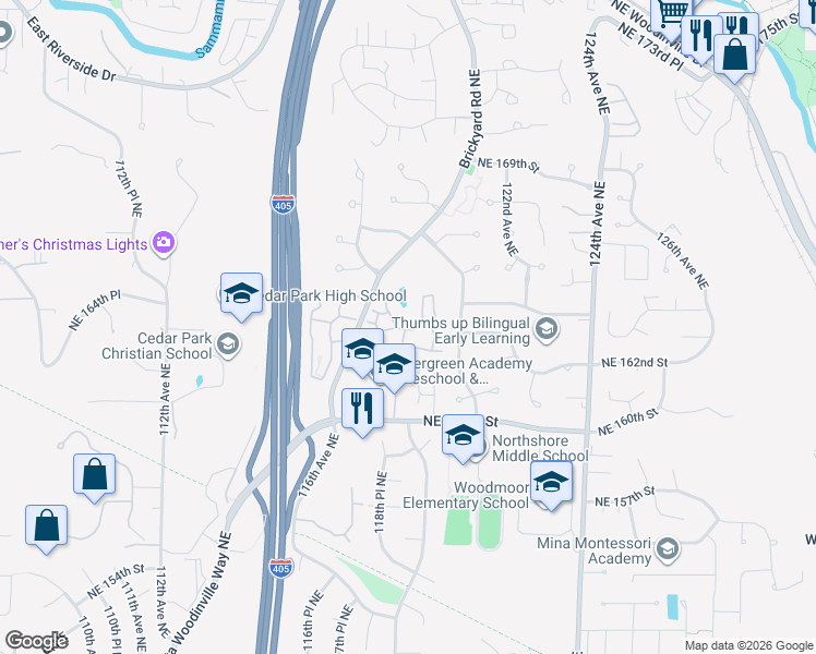 map of restaurants, bars, coffee shops, grocery stores, and more near 16322 118th Court Northeast in Bothell