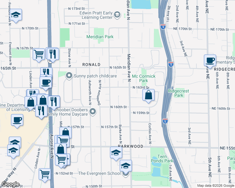 map of restaurants, bars, coffee shops, grocery stores, and more near 16048 Wallingford Avenue North in Shoreline