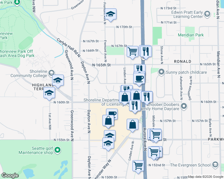 map of restaurants, bars, coffee shops, grocery stores, and more near 736 North 161st Place in Seattle