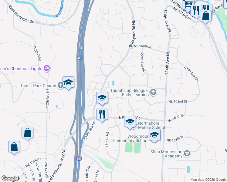 map of restaurants, bars, coffee shops, grocery stores, and more near 16322 118th Court Northeast in Bothell