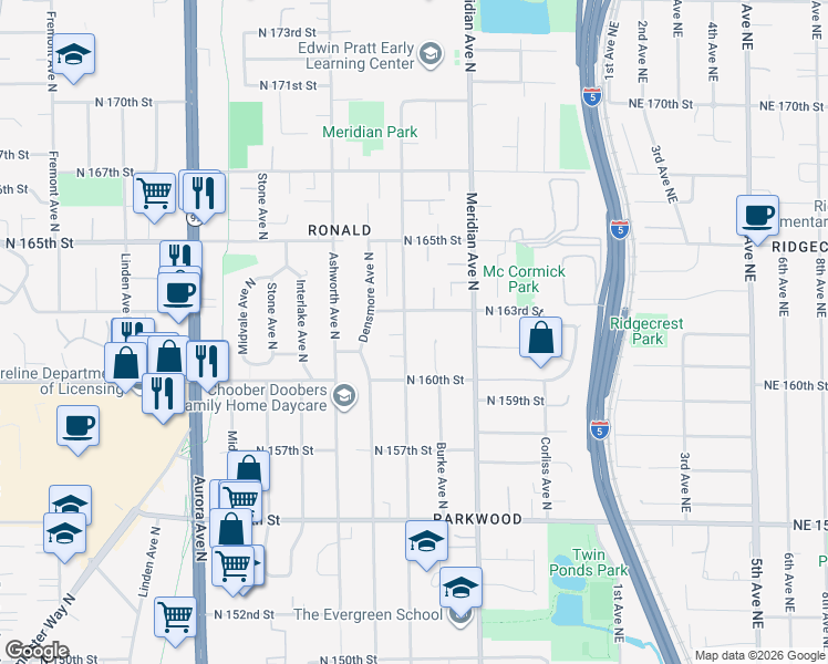 map of restaurants, bars, coffee shops, grocery stores, and more near 16048 Wallingford Avenue North in Shoreline