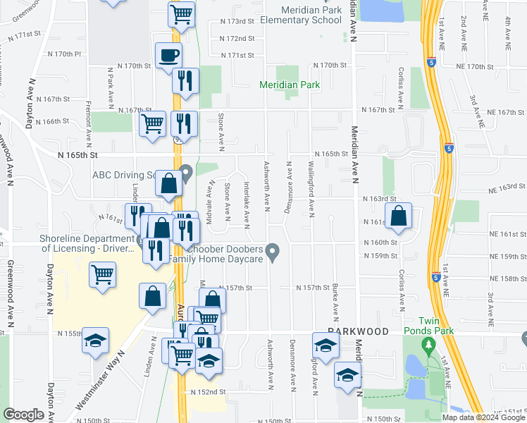 map of restaurants, bars, coffee shops, grocery stores, and more near 16047 Ashworth Avenue North in Shoreline