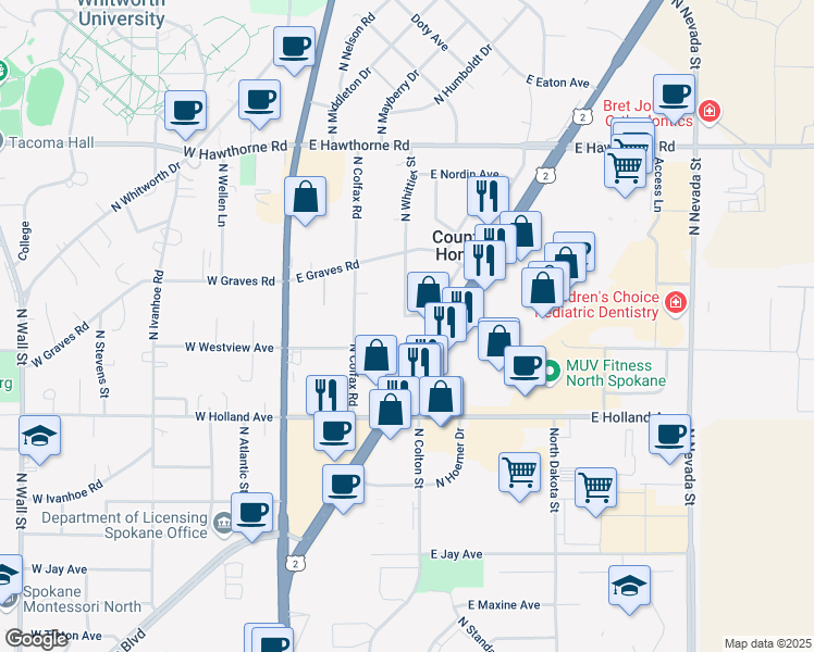 map of restaurants, bars, coffee shops, grocery stores, and more near 222 East Birch Avenue in Spokane