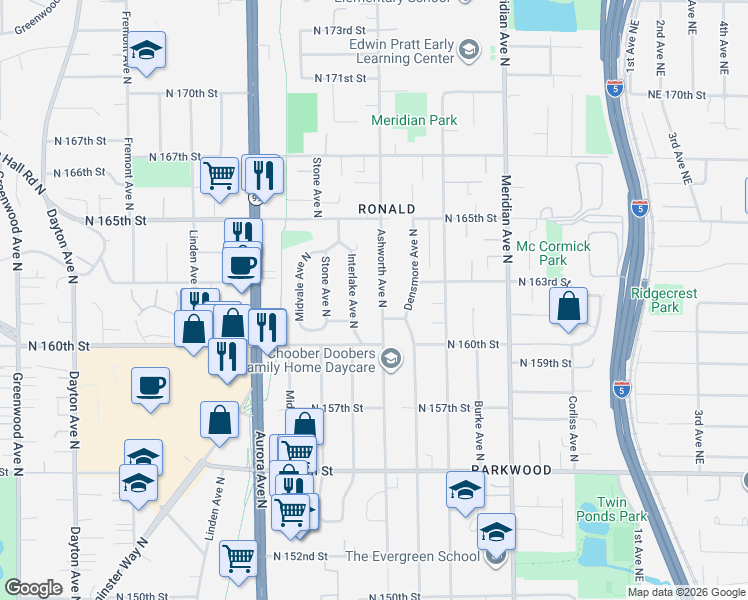 map of restaurants, bars, coffee shops, grocery stores, and more near 16047 Ashworth Avenue North in Shoreline