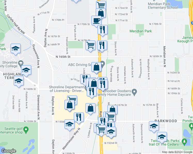 map of restaurants, bars, coffee shops, grocery stores, and more near 16053 Aurora Avenue North in Shoreline