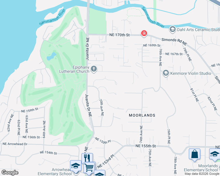 map of restaurants, bars, coffee shops, grocery stores, and more near 7032 Northeast 163rd Street in Kenmore