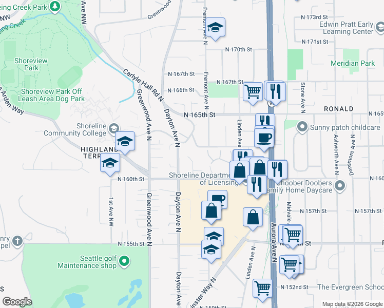map of restaurants, bars, coffee shops, grocery stores, and more near 16128 Evanston Avenue North in Shoreline