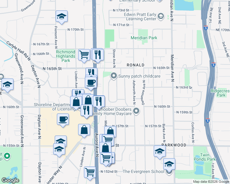 map of restaurants, bars, coffee shops, grocery stores, and more near 16129 Stone Avenue North in Shoreline