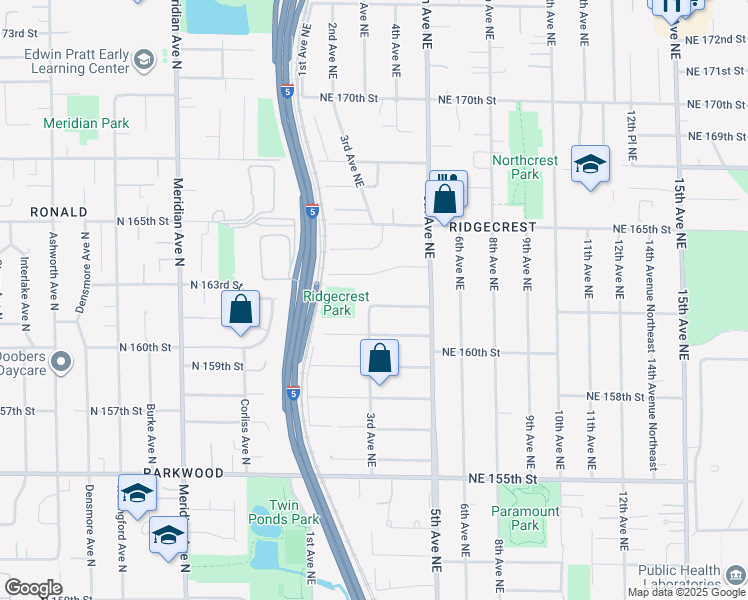 map of restaurants, bars, coffee shops, grocery stores, and more near 304 Northeast 162nd Street in Shoreline