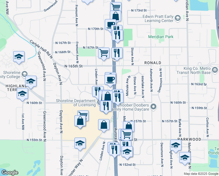 map of restaurants, bars, coffee shops, grocery stores, and more near 16053 Aurora Avenue North in Shoreline
