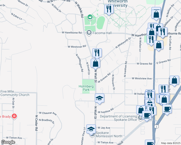 map of restaurants, bars, coffee shops, grocery stores, and more near 9818 North Excell Drive in Spokane