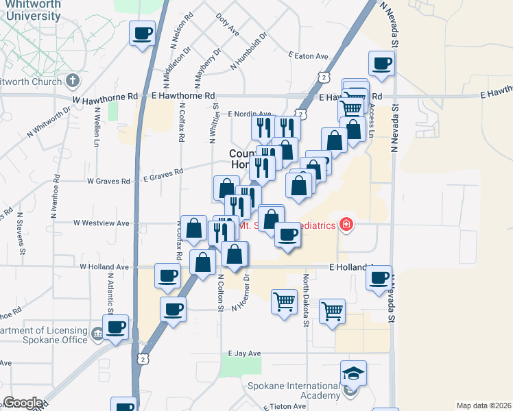 map of restaurants, bars, coffee shops, grocery stores, and more near 9604 North Newport Highway in Spokane