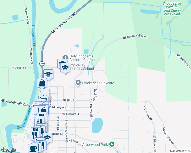 map of restaurants, bars, coffee shops, grocery stores, and more near 16318 270th Place Northeast in Duvall
