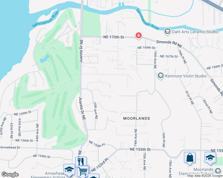 map of restaurants, bars, coffee shops, grocery stores, and more near 7052 Northeast 164th Street in Kenmore