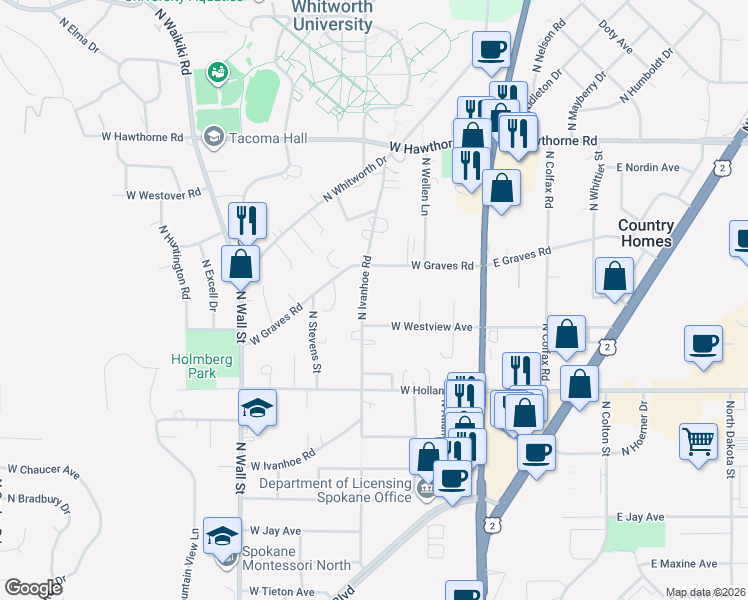 map of restaurants, bars, coffee shops, grocery stores, and more near 9812 North Ivanhoe Road in Spokane