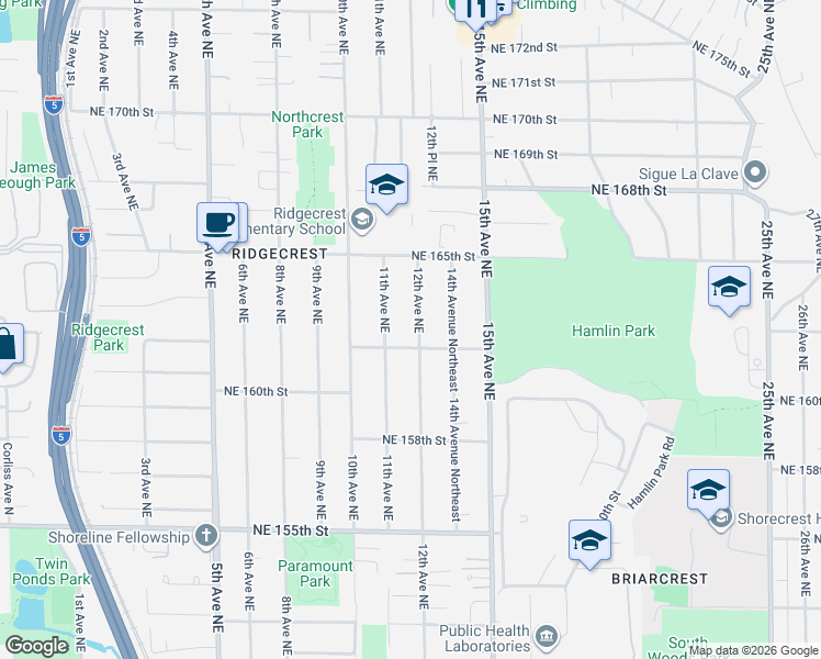 map of restaurants, bars, coffee shops, grocery stores, and more near 16215 12th Avenue Northeast in Shoreline