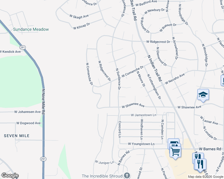 map of restaurants, bars, coffee shops, grocery stores, and more near 9710 North Ridgecrest Drive in Spokane
