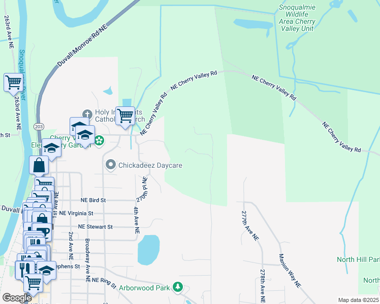 map of restaurants, bars, coffee shops, grocery stores, and more near 16315 275th Avenue Northeast in Duvall