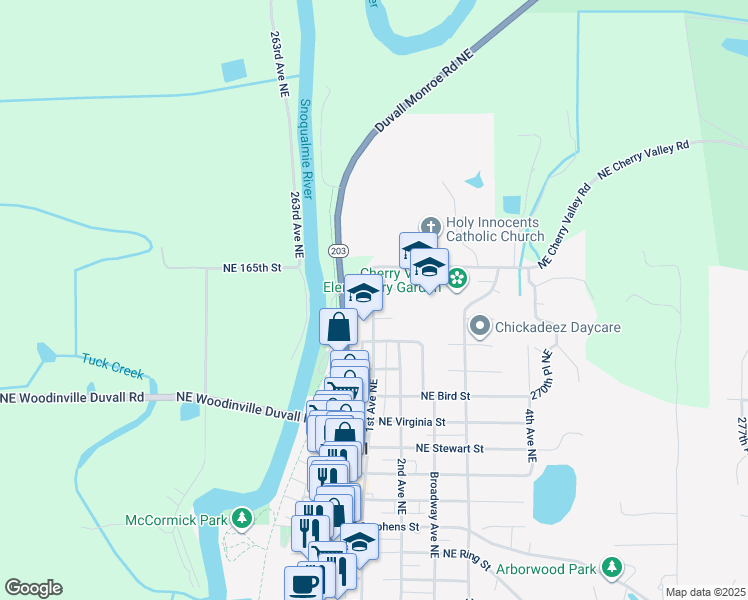 map of restaurants, bars, coffee shops, grocery stores, and more near 26500 Northeast Allen Street in Duvall