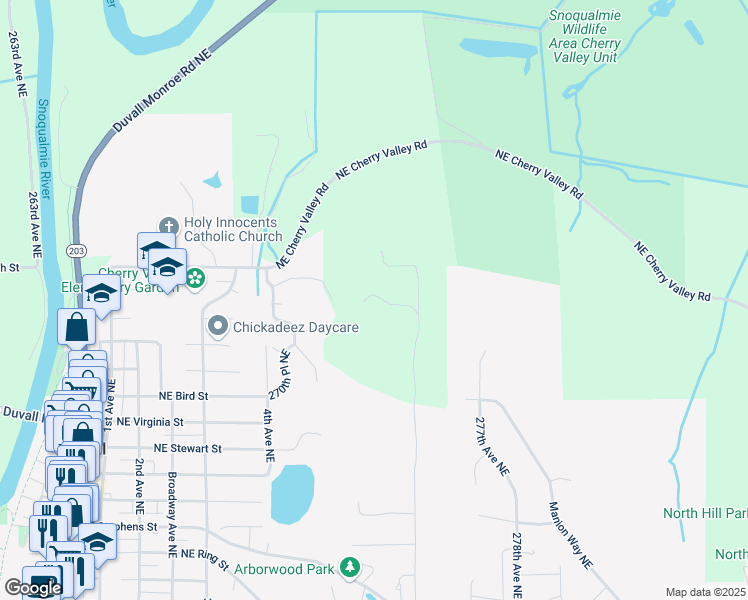 map of restaurants, bars, coffee shops, grocery stores, and more near 16315 275th Avenue Northeast in Duvall