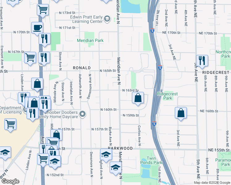 map of restaurants, bars, coffee shops, grocery stores, and more near 1853 North 163rd Street in Shoreline