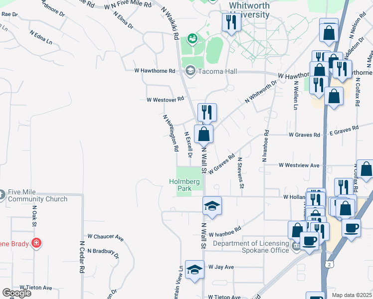 map of restaurants, bars, coffee shops, grocery stores, and more near 9818 North Excell Drive in Spokane