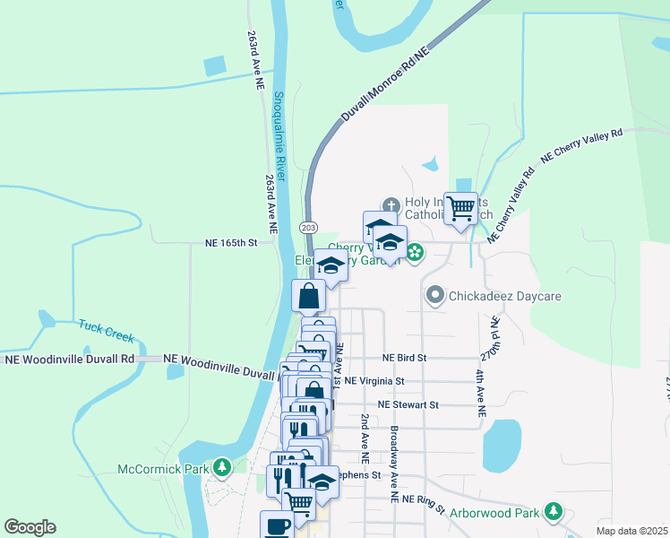 map of restaurants, bars, coffee shops, grocery stores, and more near 26500 Northeast Allen Street in Duvall