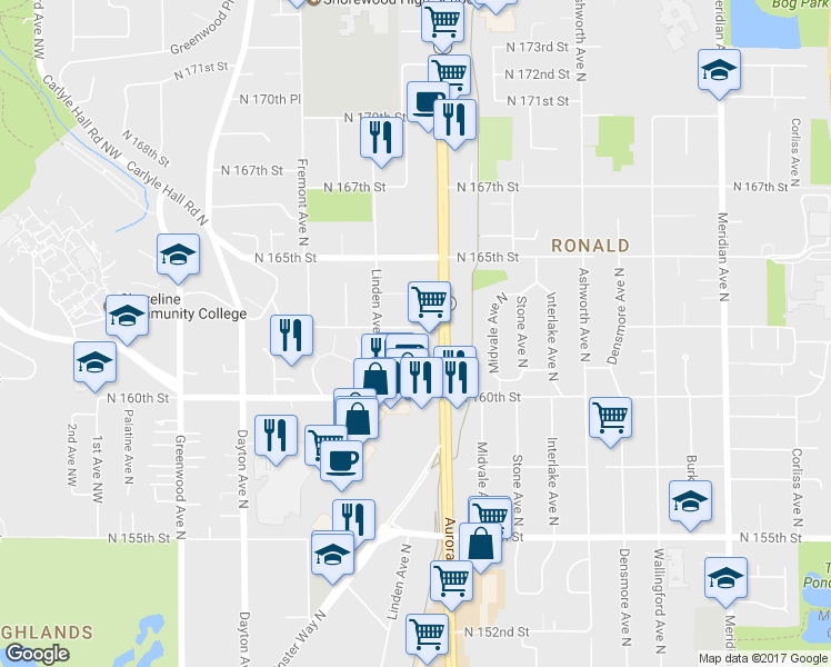 map of restaurants, bars, coffee shops, grocery stores, and more near 16053 Aurora Avenue North in Shoreline