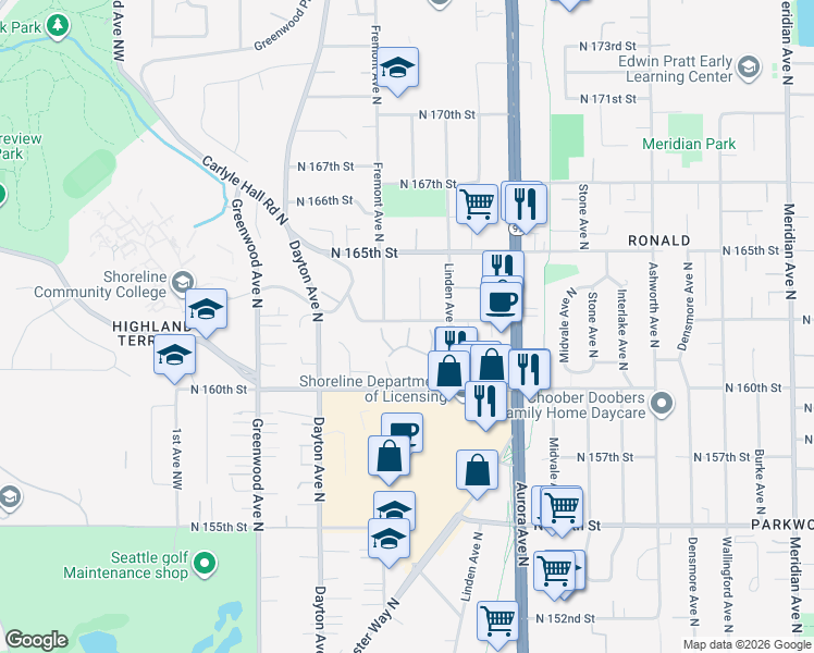 map of restaurants, bars, coffee shops, grocery stores, and more near 736 North 161st Place in Seattle