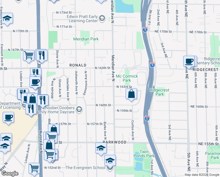 map of restaurants, bars, coffee shops, grocery stores, and more near 1853 North 163rd Street in Shoreline