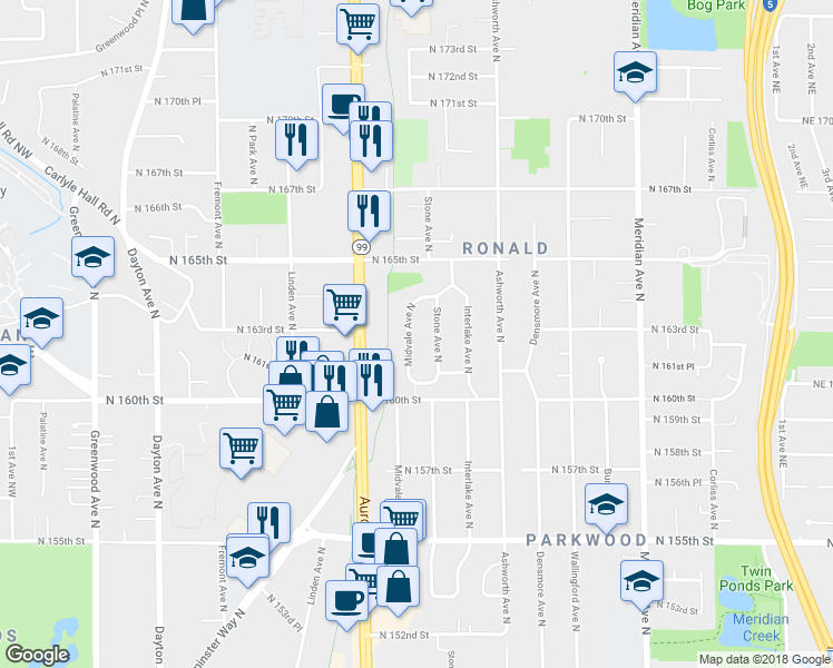 map of restaurants, bars, coffee shops, grocery stores, and more near 16142 Midvale Avenue North in Shoreline