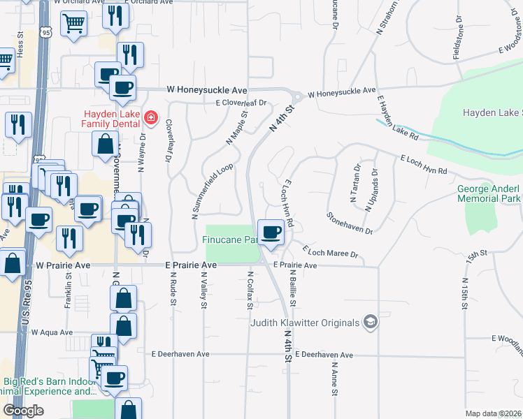 map of restaurants, bars, coffee shops, grocery stores, and more near 8261 North Ridgewood Drive in Hayden