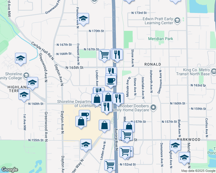 map of restaurants, bars, coffee shops, grocery stores, and more near 931 North 163rd Street in Seattle