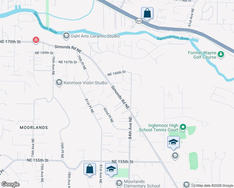 map of restaurants, bars, coffee shops, grocery stores, and more near 16311 Simonds Road Northeast in Kenmore
