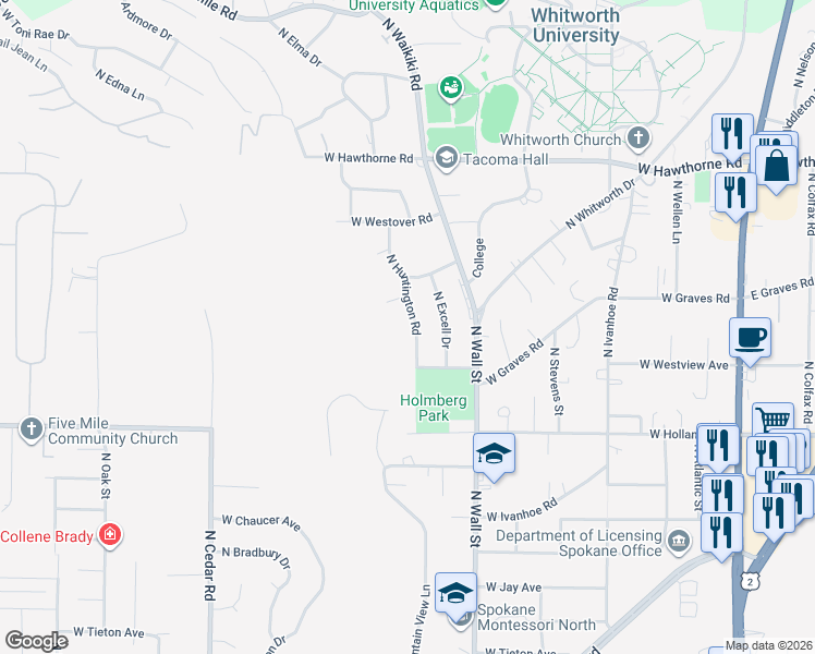 map of restaurants, bars, coffee shops, grocery stores, and more near 9819 North Huntington Road in Spokane
