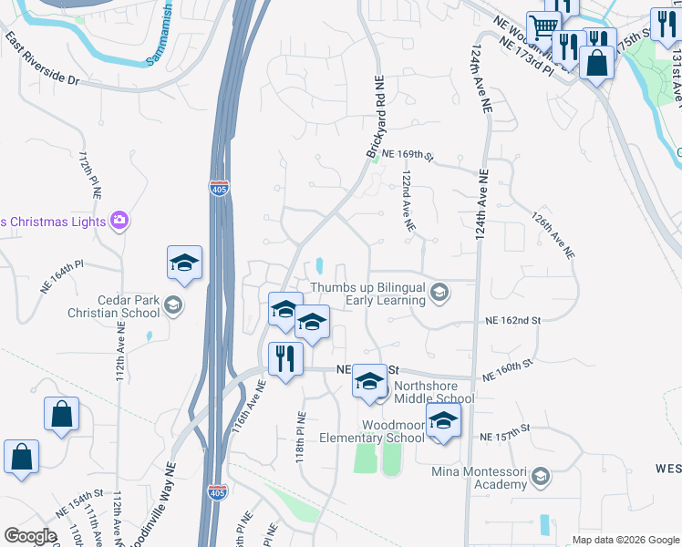 map of restaurants, bars, coffee shops, grocery stores, and more near 16347 119th Lane Northeast in Bothell