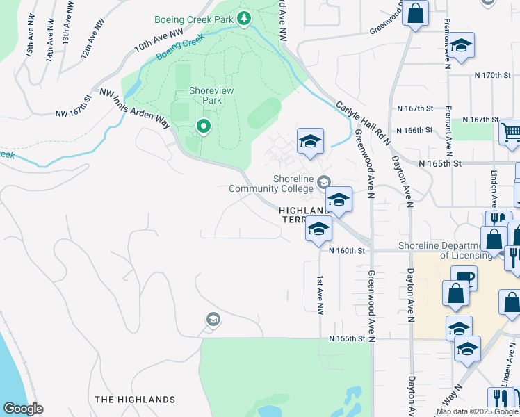 map of restaurants, bars, coffee shops, grocery stores, and more near 504 Northwest 163rd Street in Shoreline
