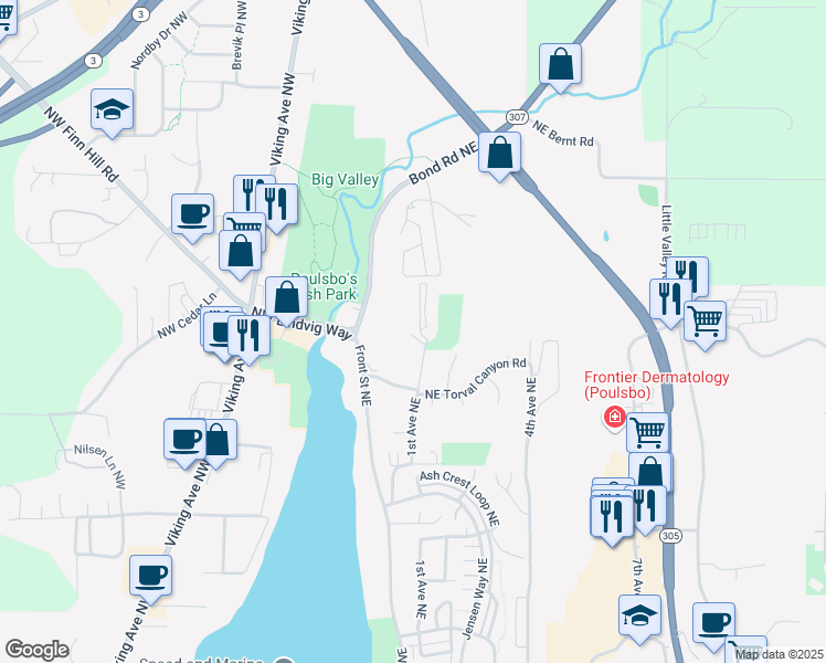 map of restaurants, bars, coffee shops, grocery stores, and more near 20283 1st Avenue Northeast in Poulsbo